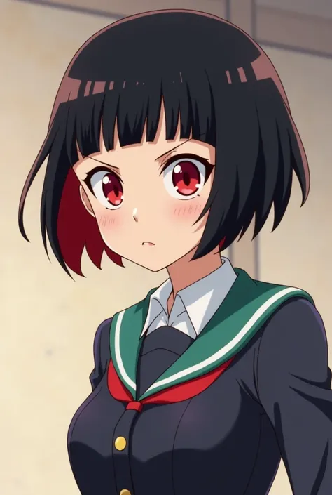 Screenshot of my hero academy girl with short hair with red highlights, bangs, red eyes and her uniform expression studying a lot 

