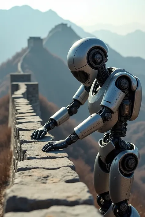 A robot is repairing the Great Wall of China, meticulously fitting ancient stones with futuristic tools.