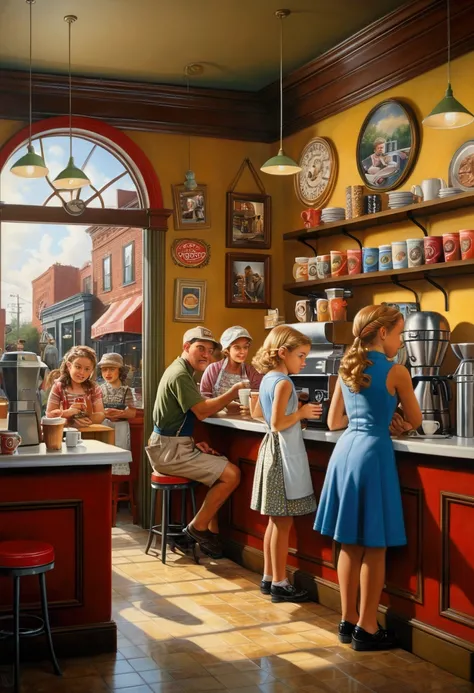 Coffee Shop, by Bob Byerley, (best quality, masterpiece, photorealistic), very aesthetic, perfect composition, intricate details, ultra-detailed, vivid colors