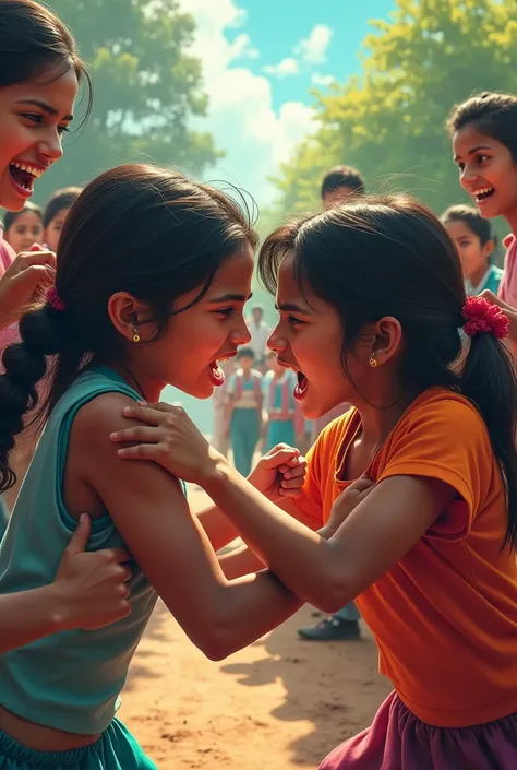 2 Indian girls fighting in school Play ground. With other boys and girls cheering them with anger clearly visible in face. Detailed face details that they want to defeat each other.