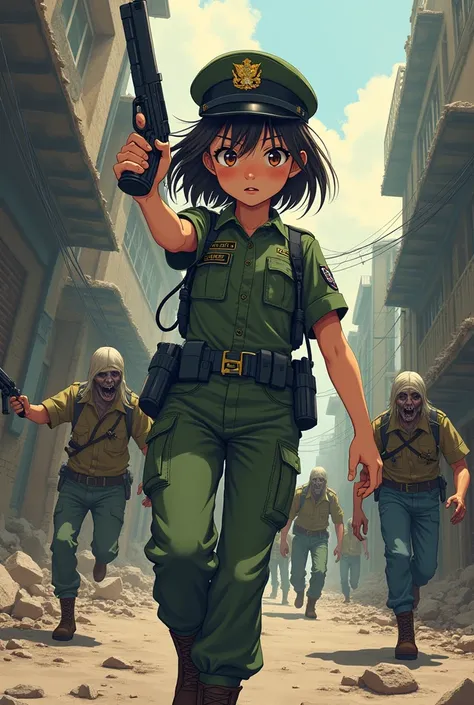 A cute anime girl in a military soldier uniform with a pistol in her hand fighting zombies