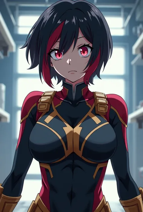 Screenshot of my hero academy girl with short hair with red highlights, bangs, red eyes and her hero suit training expression 

