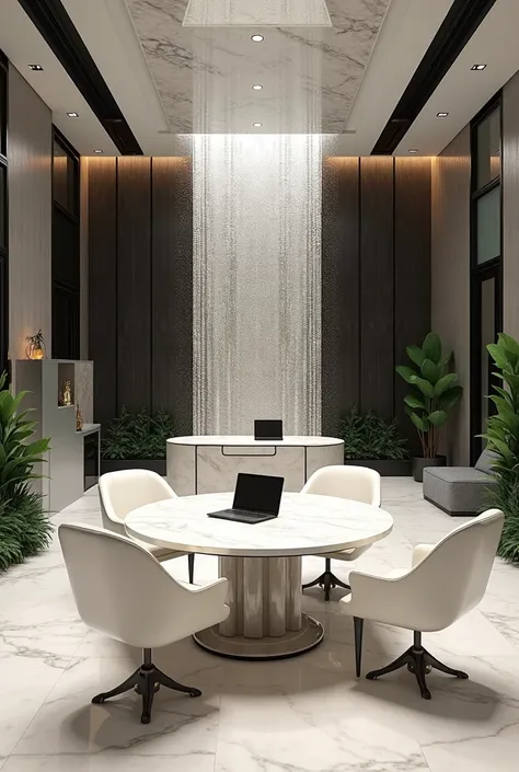 Professional 3d architecture rendering design of modern   And high tech and Art Deco for boticque  hotel’s Labi with   oyster slab  stone for circular middle table and  shiny white  leather  4 Chairs   Similar pearls and that separate with modern green spa...