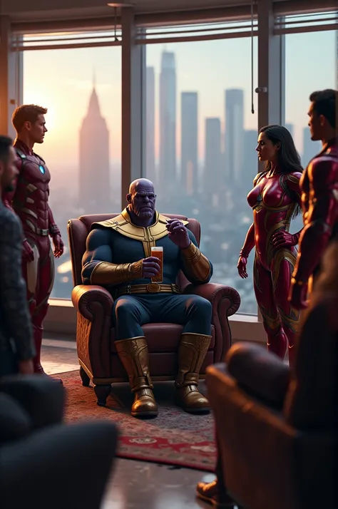 Thanos Drink bear with avengers in stark tower top floor 