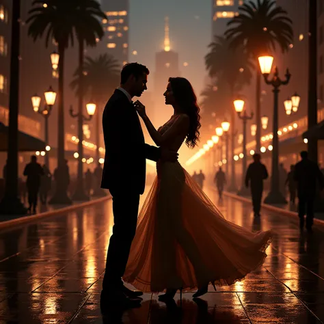 Nighttime Hollywood glamour with silhouettes of a couple dancing in the shadows captured in ultra-glamorous detail, street lights casting ambient glows, emphasis on sharp focus, LED lights contribute to the scenes allure, subtle smoke and sparks suggest a ...