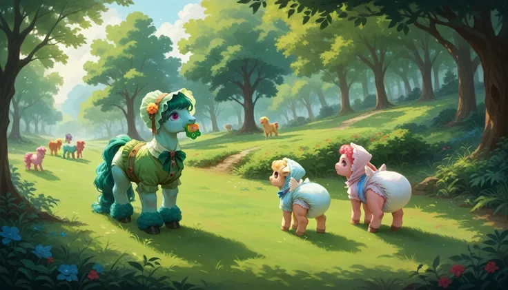 the only pony, the only pegasus, blue wool, adult filly, a lush mane of all the colors of the rainbow, gathered in a green bonnet, a lush tail of all the colors of the rainbow, cherry eyes, stands on four hooves, rear hooves spread wide apart, dressed in a...