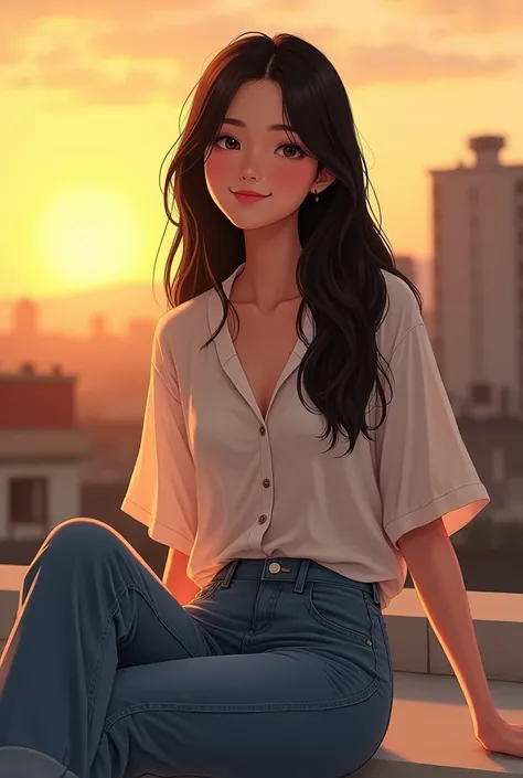 Create a stylized character similar to the artwork style provided, portraying Phieng Tawan, a young woman with a warm and gentle personality. She has soft features, straight long black hair that falls gracefully over her shoulders, and bright, almond-shape...