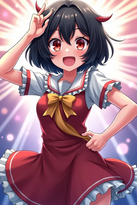 Screenshot of my hero academy girl with short hair with red highlights, bangs, red eyes and her dress, happy expression 

