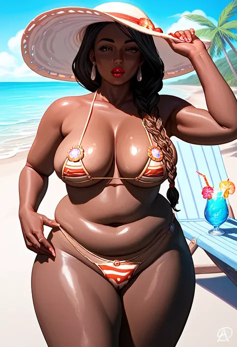 Masterpiece, Best Quality, 4K, detailed, HD, anime, solo, mature female, age 40, milf, mother, chubby, BBW, curvy, black hair, braided hair, curvy,  prominent lips, red lipstick, thick, brown skin, black skin, beach, relaxed, posing, mature, SFW, transluce...