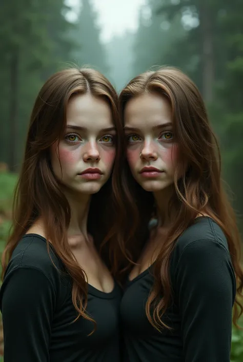 Two identical girls with golden eyes, pale flushed skin, straight and wavy brown hair athletic body, magro em forks 
