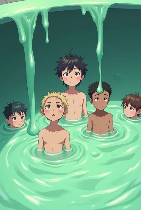 Naked boys stuck inside a giant pool full of sticky slime with only their heads sticking out of the sticky slime anime version 