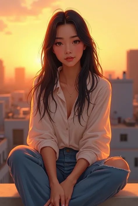 Create a stylized character similar to the artwork style provided, portraying Phieng Tawan, a young woman with a warm and gentle personality. She has soft features, straight long black hair that falls gracefully over her shoulders, and bright, almond-shape...