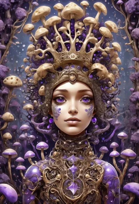 Mushroom king, big crown with many boxes, blue-big-eyes, Very long finger, magic wand, dry Mud, Gigantic, sculpture, geometry shapes, mosaic, glassy mosaic, metallic, black, grey, and purple, tree of life feature, heart shaped, fractal holes surface, dynam...