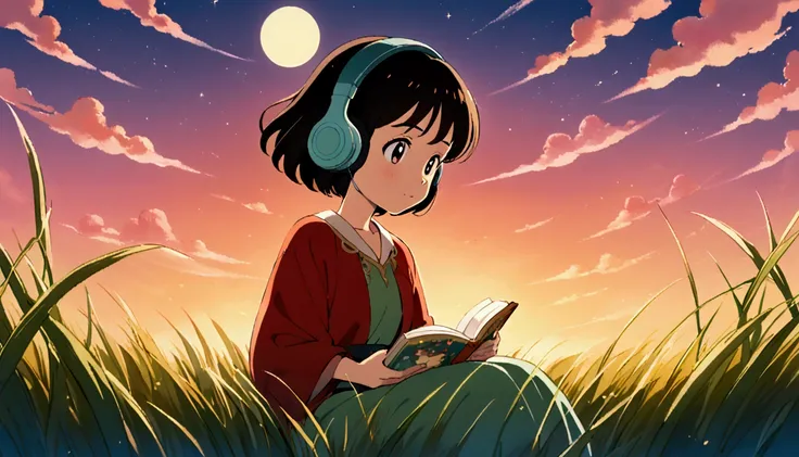 A cute girl sitting on the grass surrounded by flowers, (Medium Grass:1.3), Wireless headphones,  I have a picture book, listen to music, Sunset sky, moon, Shining Star,スタジオGhibliスタイル, The grass sways sideways, Ghibli studio inspired, Whimsical, Airy, Calm...