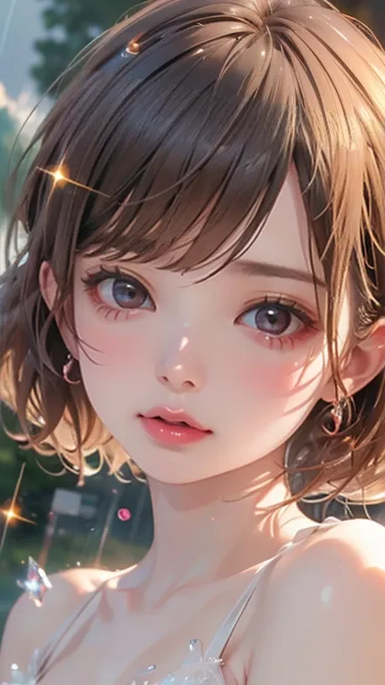 ，Ultra high quality，masterpiece、Delicate eyes，(masterpiece, Top quality, best quality, 16K、8K、32K、Extremely detailed CG unified 8k wallpaper, Very beautiful 8KCG wallpaper, ，short hair,Beautiful sky, rain，(Crystal clear rain sparkles in the sky,Water Drop)...