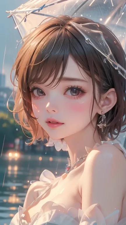 ，Ultra high quality，masterpiece、Delicate eyes，(masterpiece, Top quality, best quality, 16K、8K、32K、Extremely detailed CG unified 8k wallpaper, Very beautiful 8KCG wallpaper, ，short hair,Beautiful sky, rain，(Crystal clear rain sparkles in the sky,Water Drop)...