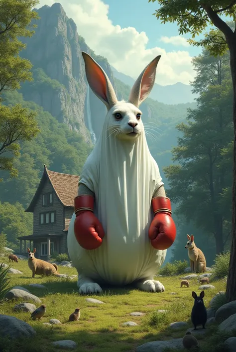 There is a stone house deep in the forest，There is a large kangaroo with rabbit ears and boxing gloves.，His body is wrapped from head to tail in a large white transparent bag，There are many animals outside the stone house. There is a mountain on the left s...