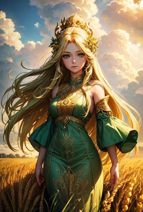 a beautiful goddess of harvest, woman with long flowing golden hair, detailed face, piercing green eyes, elegant flowing dress, standing in a lush green field, golden wheat stalks in the background, sunlight streaming through the clouds, cinematic lighting...