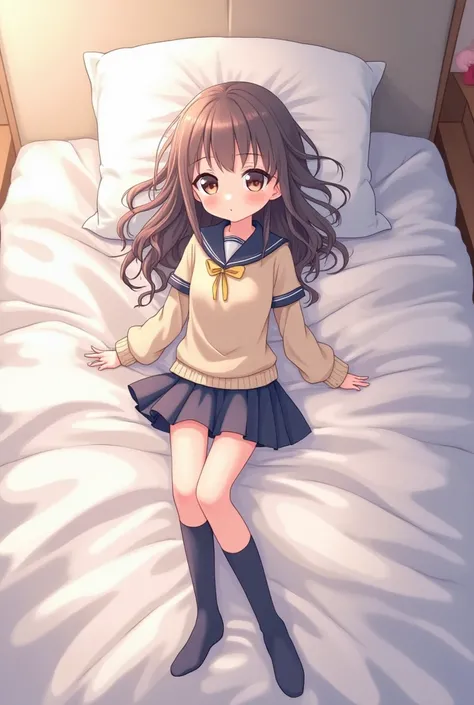 cute anime girl in japanese schoolgirl clothes lying on the bed with her hair messy