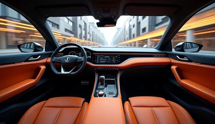 "Close-up of the interior of the 2025 Skoda Elroq with a street view in the background. The interior should be grand, featuring a black and orange color scheme with a tall and imposing console. The perspective should be from the front, showcasing a high-qu...