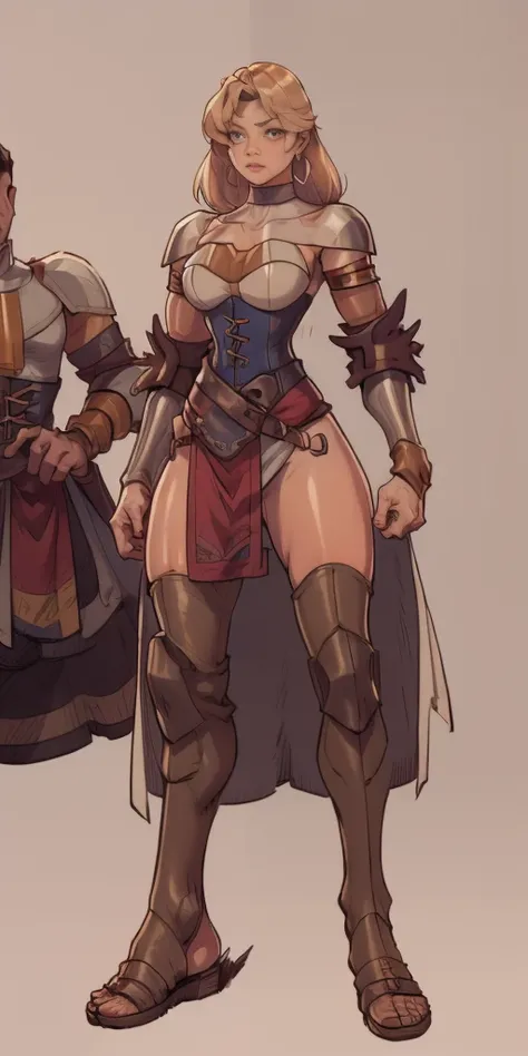 full body, whole body, 1sologirl, female fighter, loincloth standing, hands on hips, metal sandals, leather choker and corset, big belt, view from below, feet together, bracers, tiara)