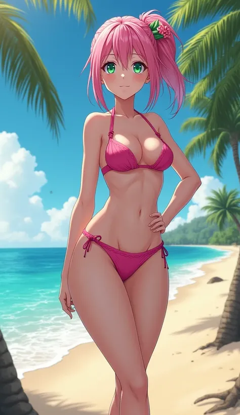 Sakura from naruto, in a pink bikini at the beach