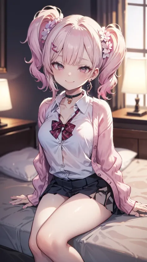 ((masterpiece、Highest quality、Very detailed))、one person、gyaru、blondes、twintails、blunt bangs、Grey Eyes、evil smile、((Sit on the bed、Leg spread、sexual temptation))、((lots of piercing))、Small chest chest、((White collared shirt))、((pink cardigan))、((Black plea...