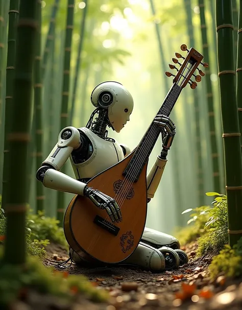 A robot is playing an ancient string instrument in a serene bamboo forest, creating harmonies that echo through the trees.