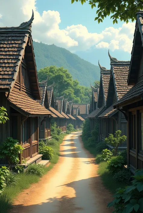 Picture of a road through the middle of the road with old wooden houses on both sides, in Thailand.