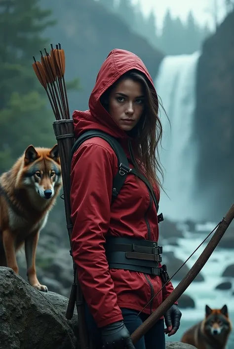 portrait of a beautiful women highly detailed,close-up,Face shot,Midium shot,(film grain),cinematic lighting,Portrait,DSLR,1girl,Modern Hunter,Lara Croft,Tomb Raider movie,Modern recurve bow,forest,hood,nature,pants,river,rock,solo,water,waterfall,wolves,h...