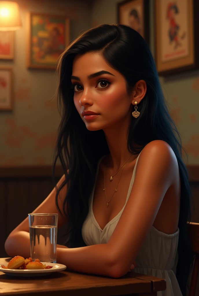 A young Indian girl, around 20 years old, with warm medium-brown skin that has a soft, natural glow, is sitting at a small wooden bar table. Her long, jet-black hair is sleek, parted down the middle, gently framing her oval-shaped face. She has large, expr...