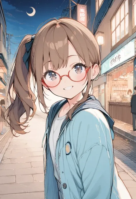 1girl,10yo,brown hair,black eyes, (red round eyewear), side ponytail,smile, blushful,

BREAK
night, Crescent Moon, Looking up at the sky, street,bayside , city of yokohama,

BREAK
((best quality, high resolution)), (delicate illustration), (pastelcolor sty...