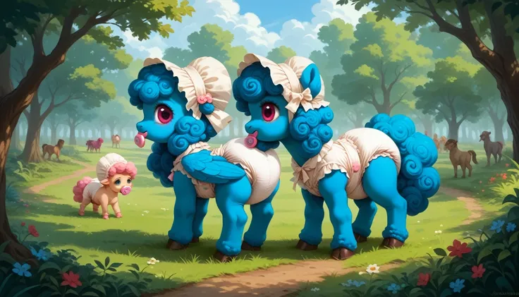 blue pegasus alone, blue wool, adult filly, a lush mane of all the colors of the rainbow, gathered in a bonnet, a lush tail of all the colors of the rainbow, cherry eyes, stands on four hooves, rear hooves spread wide apart, dressed in a bodysuit and booti...