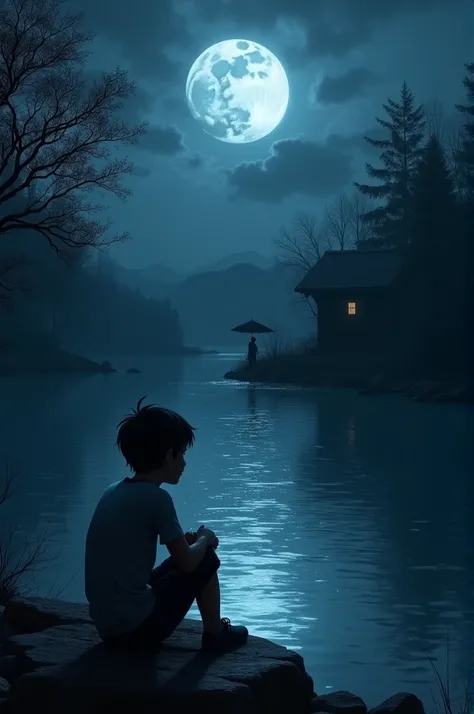 I am a boy, I am sad, make me sit on a stone on the bank of the river, on a dark night, there is moon in the sky, its light, the girl is an older boy with an umbrella, this must be the boys house.