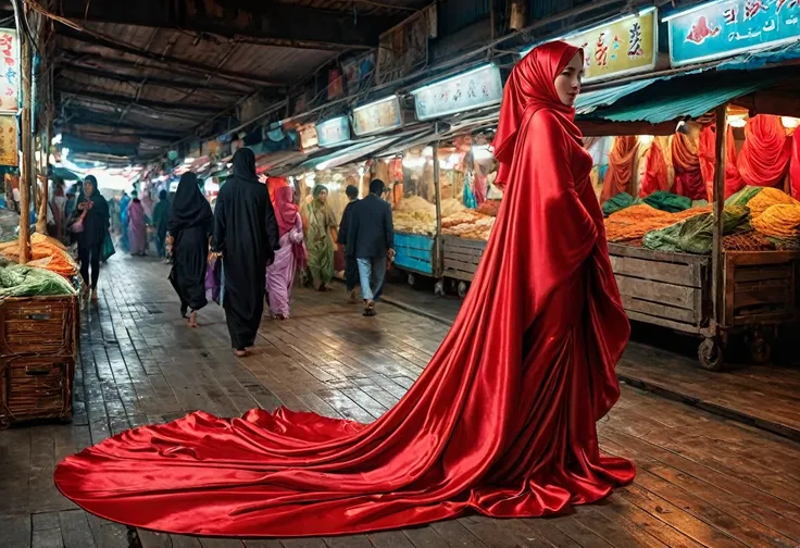 a woman shrouded in a 9-meter-long, plush red satin cloth, tightly bound and grandly draping along the form of her body, flowing...