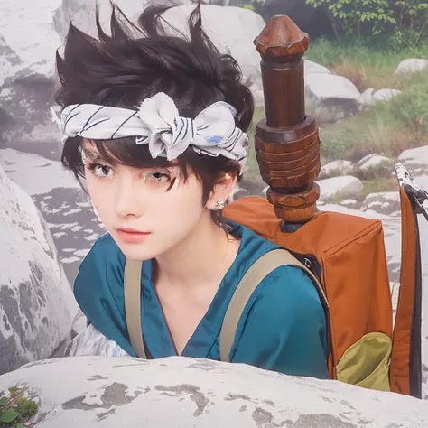 Spiky Hair, Wearing a blue robe, A backpack containing a cylindrical object, White headband, Sitting pose, Look to the side, Smooth and bright skin, Outdoor rocky background, Green leaves, Natural light, Adventurous atmosphere, Side view, Animation Style.