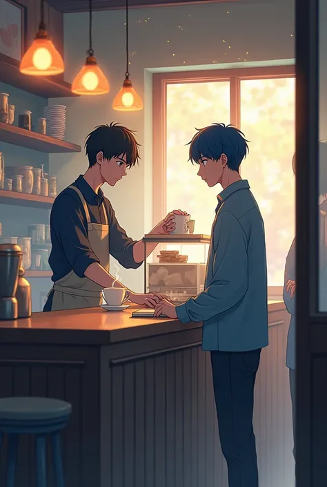 Blue-haired boy in a cafe watching another boy who serves who has black hair and is taller than him in manhwa

