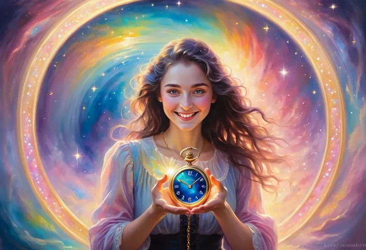 In the center is a woman whose body glows. magic.She is a time traveler and smiles while holding a pocket watch in her hand and emitting rainbow light. Beyond time. A mysterious clock. Rainbow pastel colored light. Eyes full of joy and anticipation, eyes f...