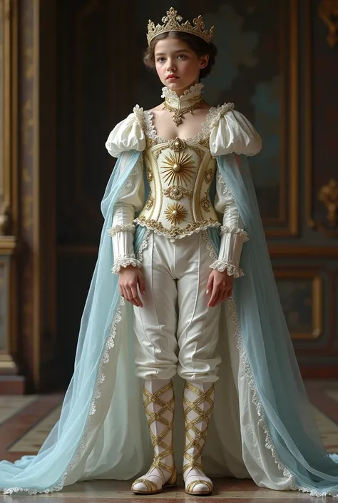 prince costume design, whole body, zapatos delicates, teenager, European, medieval, light blue-gray color, details in white gold, golden details, jewelry, delicate, with a cape behind the pants,youth, White cloth, High square neck ballet top, Men&#39;s puf...