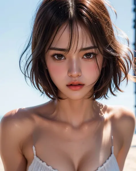 zydG, 1girl, detailed skin, looking at viewer, brown eyes, (short hair with bangs:1.2), (medium breasts:1.0), (medium areolae:0.8), 
(photorealistic:1.4), (best quality:1.0), (ultra highres:1.0), 8k, RAW photo, (masterpiece:0.2), (pureerosface_v1:0.5)