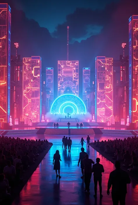 Anime - electronic music stage with lots of lights with a Tomorrowland theme 