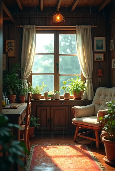 A rainy day.the camera is on focus in a village home 