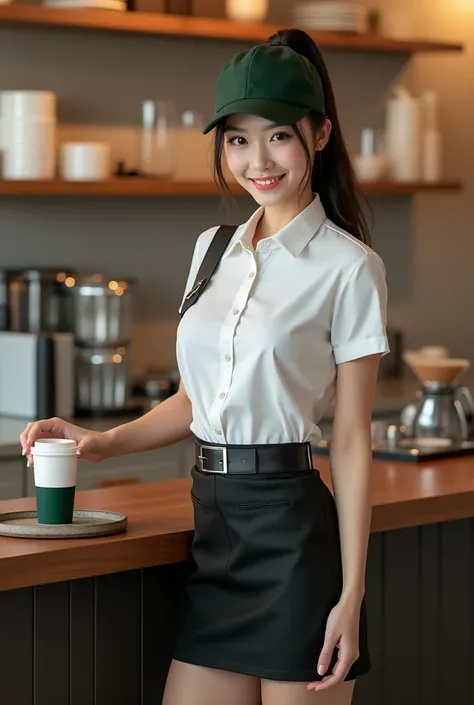 Cute Female barista trainee, Thai university uniform, black plain tight slit mini skirt, slim and perfect figure, medium breasts, emphasize on breasts and hip and bottoms and thigh, rule of thirds, white plain between cap-sleeve and short-sleeve button up ...