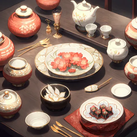 **title**:
Sophisticated Asian style table setting，Decorated with intricate ceramic tableware，Decorated with delicate patterns, Display a variety of bright colors、Mouthwatering dishes, Clean chopsticks, Gorgeous tea set, Goblet with red and white liquid, E...