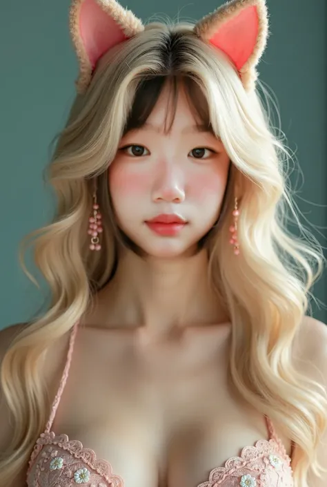 Young beautiful sexy Korean woman, 1, Beautiful baby face, (tiao), Large bust, Bright Blonde, Long hair, earrings, (Wearing cat ears headdress), (From head to skirt), 8K, RAW photos, best quality, masterpiece, best quality