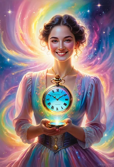 In the center is a woman whose body glows. She is a time traveler and smiles while holding a pocket watch in her hand and emitting rainbow light. Beyond time. A mysterious clock. Rainbow pastel colored light. Eyes full of joy and anticipation, eyes full of...