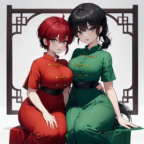 Create Female Ranma, Make two identical girls sit opposite each other，2 people bending their arms to each other，Clear contours, Color full-body photo, (beautiful and delicate eyes), (Nice face:1.3), childish face, girl 1，short black hair，Configure single p...