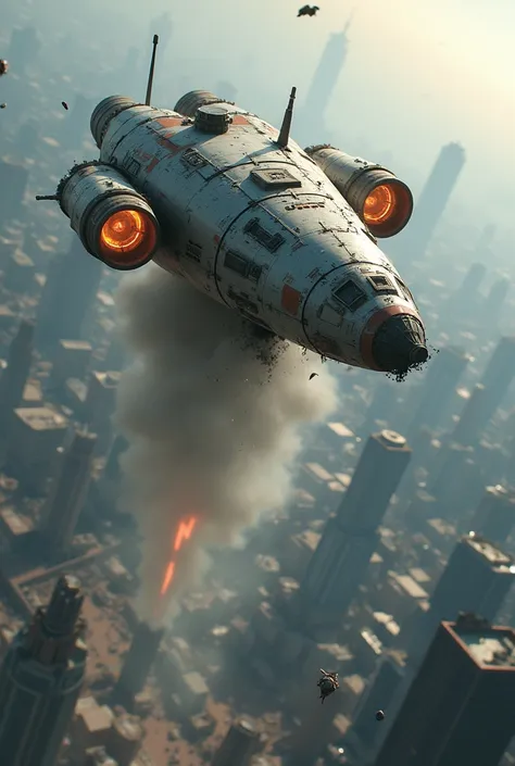 Broken spaceship entering atmosphere over a city at daylight