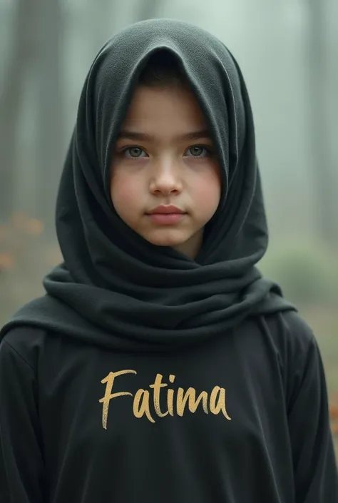 A beautiful girl having hijab and Fatima is written on Her shirt 
