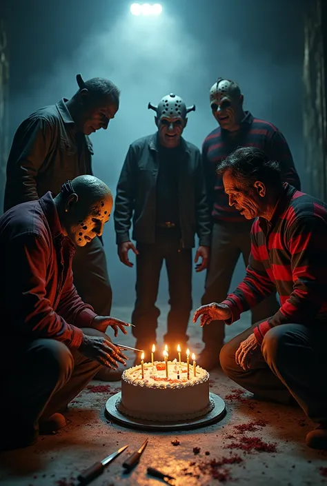 a group of horror movie villains jason voorhes, pinhead, leatherface, and freddy krugger surrounding a birthday cake on the ground,highly detailed,4k,8k,photorealistic,cinematic lighting,dark and gritty atmosphere,chiaroscuro lighting,dramatic shadows,extr...